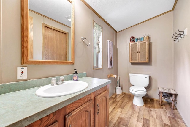 W6576 20th Dr, Wautoma, WI 54982 - bathroom featuring crown molding, toilet, wood finished floors, vanity, and lofted ceiling