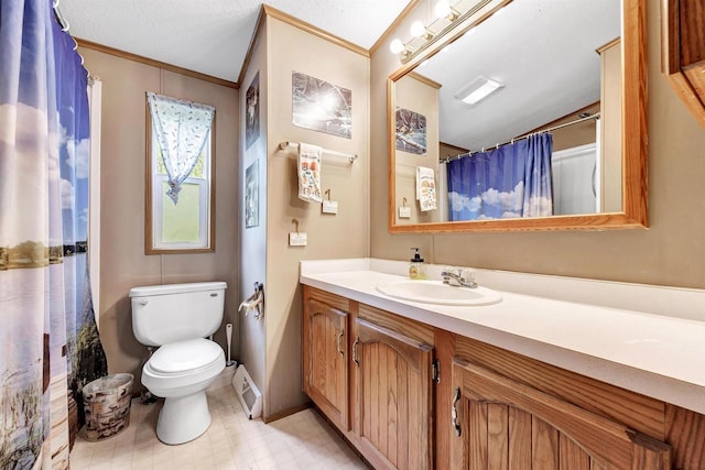 W6576 20th Dr, Wautoma, WI 54982 - full bathroom with ornamental molding, toilet, vanity, a shower with shower curtain, and tile patterned floors