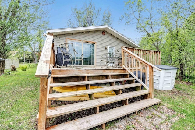 W6576 20th Dr, Wautoma, WI 54982 - wooden deck with stairway and a lawn