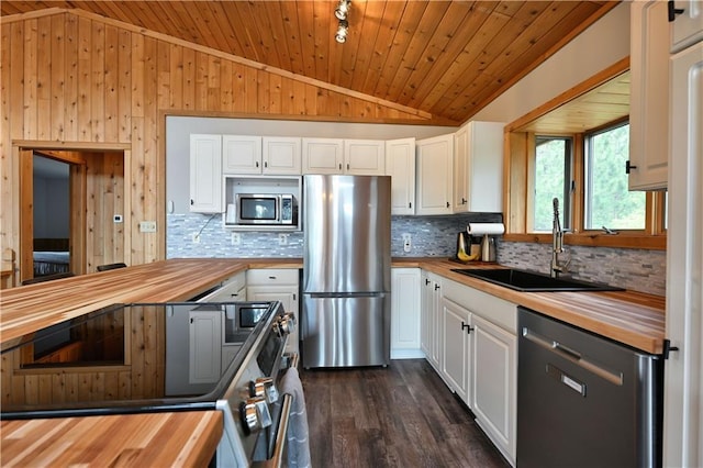 W7607 Whitetail Dr, Minong, WI 54859 - kitchen with wood counters, appliances with stainless steel finishes, vaulted ceiling, a sink, and dark wood finished floors