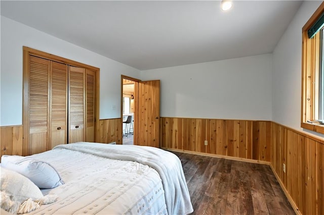 W7607 Whitetail Dr, Minong, WI 54859 - bedroom with wainscoting, wooden walls, dark wood-type flooring, a closet, and multiple windows
