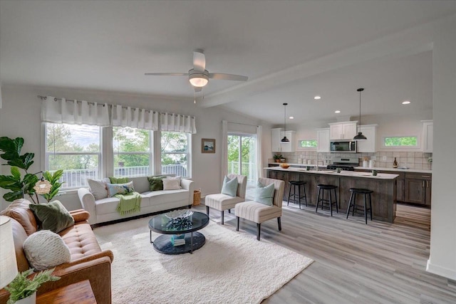 103 Lake Ct, Edgerton, WI 53534 - living area with a ceiling fan, light wood-type flooring, and recessed lighting