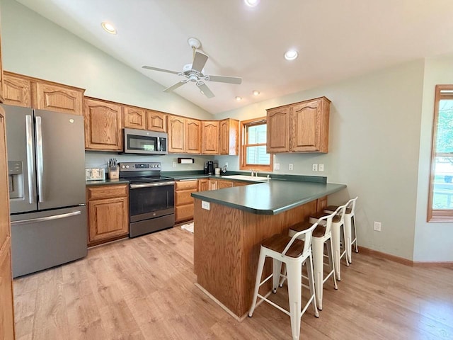 407 Overlook Ter, Marshall, WI 53559 - kitchen featuring stainless steel appliances, a sink, lofted ceiling, a peninsula, and dark countertops
