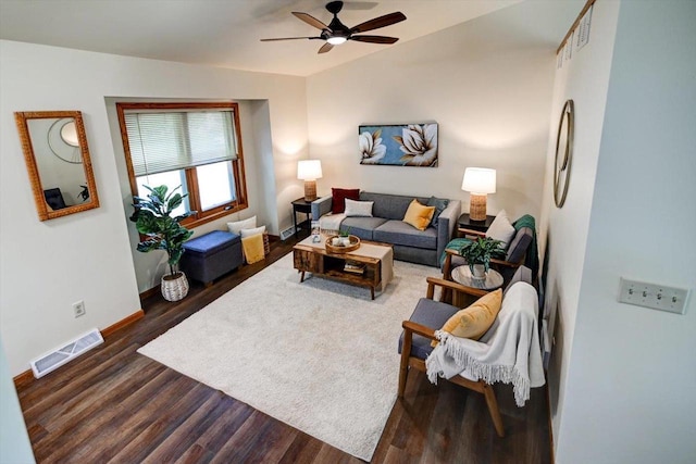 906 Spahn Dr, Waunakee, WI 53597 - living room with wood finished floors, a ceiling fan, and baseboards