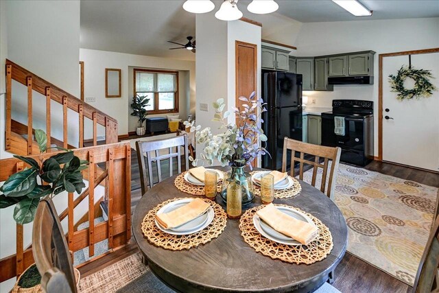 906 Spahn Dr, Waunakee, WI 53597 - dining area with a ceiling fan, lofted ceiling, and light wood-type flooring
