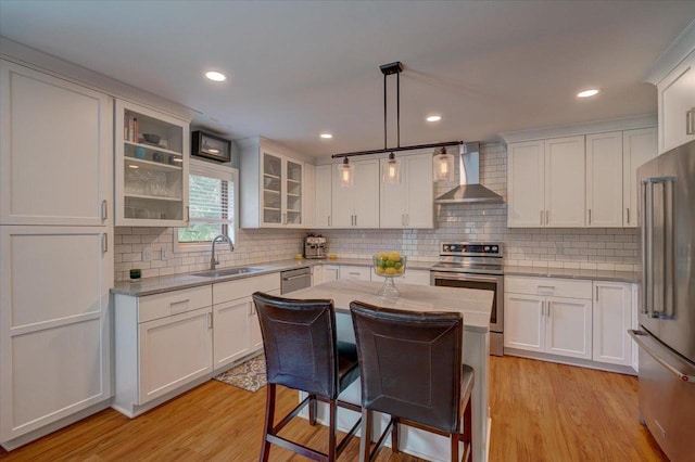 2330 Mica Rd, Madison, WI 53719 - kitchen with wall chimney exhaust hood, a sink, appliances with stainless steel finishes, white cabinetry, and recessed lighting