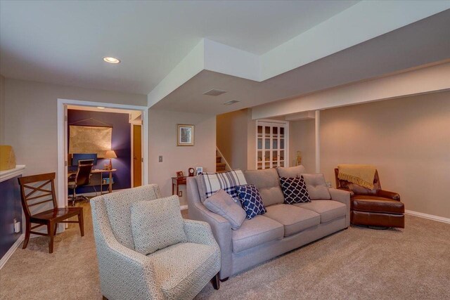 2330 Mica Rd, Madison, WI 53719 - living room with carpet floors, an office area, stairway, baseboards, and recessed lighting