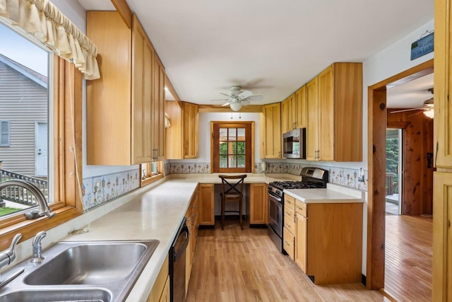 E14485 Baltic Ave, Merrimac, WI 53561 - kitchen with appliances with stainless steel finishes, a ceiling fan, a sink, and light wood-style flooring
