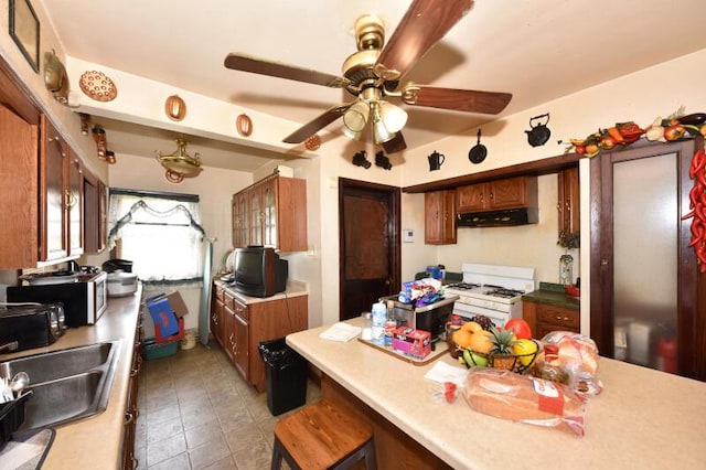 kitchen featuring under cabinet range hood, white range with gas stovetop, stainless steel microwave, a ceiling fan, and light countertops