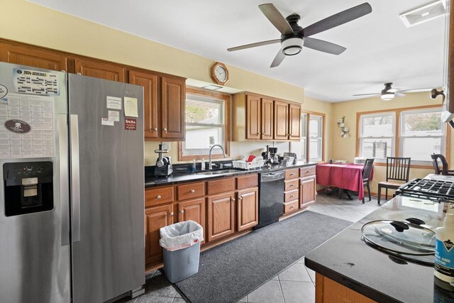 538 124th St, Franksville, WI 53126 - kitchen featuring stainless steel fridge with ice dispenser, black dishwasher, a sink, ceiling fan, and brown cabinetry