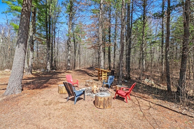 7496 River Rd, Lake Tomahawk, WI 54558 - view of yard featuring an outdoor fire pit and a forest view