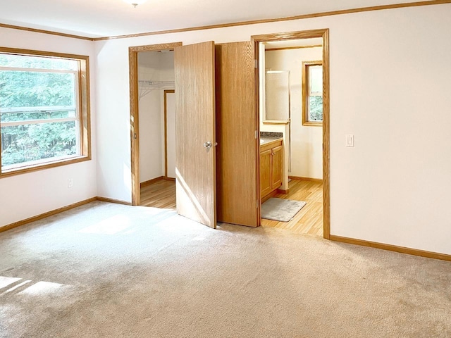 7496 River Rd, Lake Tomahawk, WI 54558 - unfurnished bedroom with crown molding, light colored carpet, baseboards, and ensuite bath