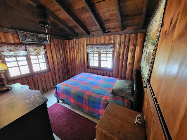 11586 Hidden Haven Dr, Hazelhurst, WI 54531 - bedroom with wood ceiling with exposed beams and wooden walls