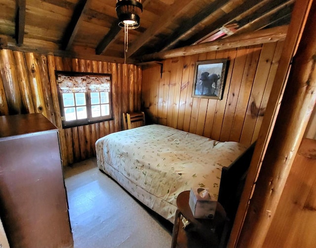 11586 Hidden Haven Dr, Hazelhurst, WI 54531 - bedroom with wooden walls, wooden ceiling, and carpet
