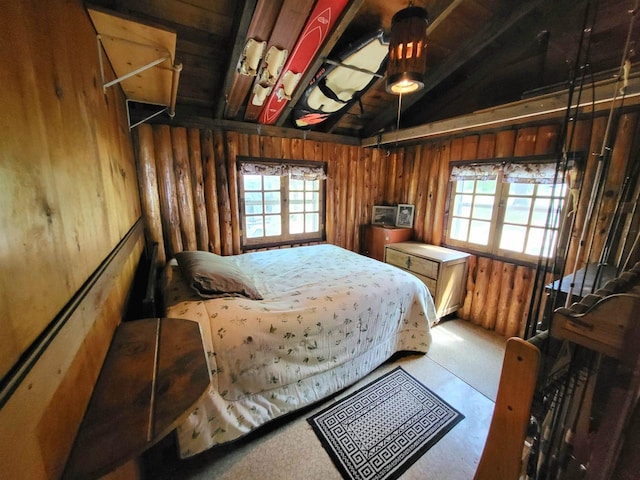 11586 Hidden Haven Dr, Hazelhurst, WI 54531 - bedroom with multiple windows, wooden walls, and vaulted ceiling