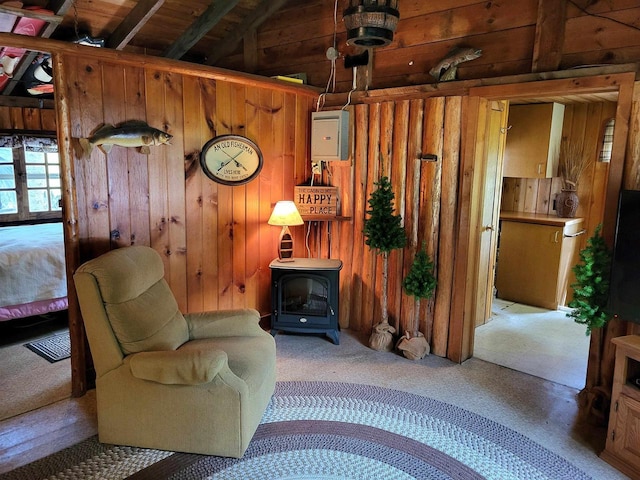 11586 Hidden Haven Dr, Hazelhurst, WI 54531 - sitting room featuring wooden walls, a wood stove, and carpet