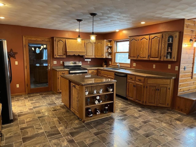 221545 Azalea Rd, Wausau, WI 54401 - kitchen with open shelves, appliances with stainless steel finishes, brown cabinets, dark countertops, and a sink