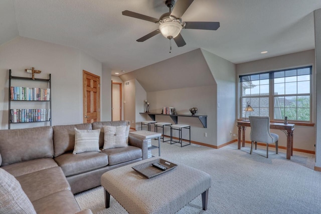 1826 Stonebridge Rd, Waukesha, WI 53188 - carpeted living room with lofted ceiling, a ceiling fan, and baseboards