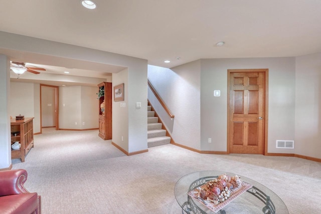 1826 Stonebridge Rd, Waukesha, WI 53188 - basement with carpet flooring, recessed lighting, stairway, baseboards, and a ceiling fan