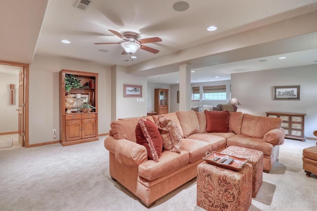 1826 Stonebridge Rd, Waukesha, WI 53188 - living area with light carpet, recessed lighting, ceiling fan, and baseboards