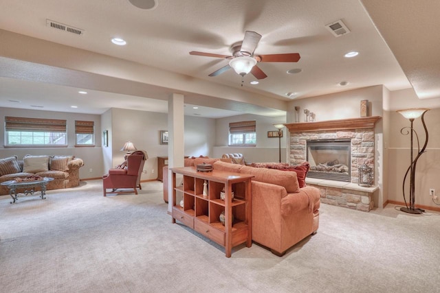 1826 Stonebridge Rd, Waukesha, WI 53188 - living room with light carpet, a ceiling fan, plenty of natural light, a fireplace, and recessed lighting