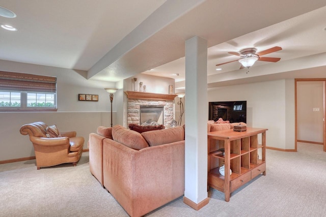 1826 Stonebridge Rd, Waukesha, WI 53188 - living area with light carpet, baseboards, a fireplace, recessed lighting, and ceiling fan