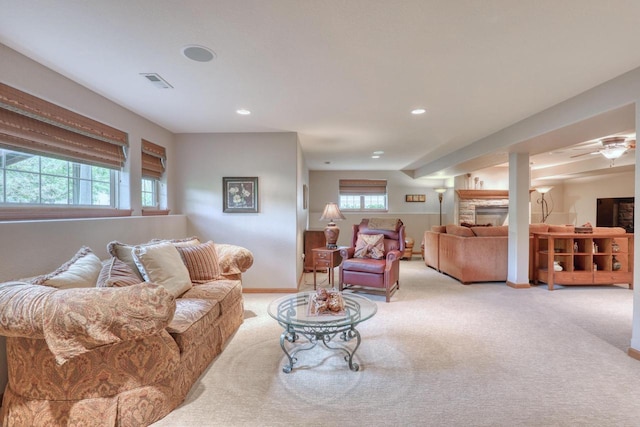 1826 Stonebridge Rd, Waukesha, WI 53188 - living room featuring light colored carpet, a fireplace, recessed lighting, and baseboards