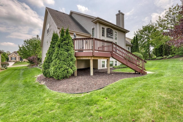 1826 Stonebridge Rd, Waukesha, WI 53188 - rear view of house with stairs, a wooden deck, a chimney, and a yard