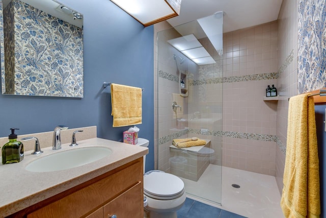 3914 Priscilla Ln, Madison, WI 53705 - bathroom with walk in shower, toilet, vanity, and tile patterned floors