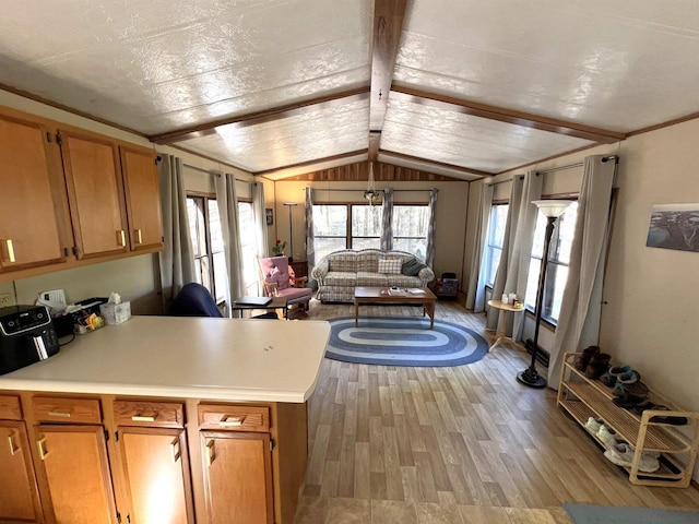 3185 S Faust Lake Rd, Rhinelander, WI 54501 - kitchen featuring open floor plan, light countertops, vaulted ceiling, a peninsula, and light wood-type flooring