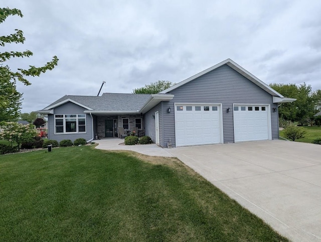 5235 Killdeer Ln, Oshkosh, WI 54901 - ranch-style home featuring a front lawn, driveway, an attached garage, roof with shingles, and a porch