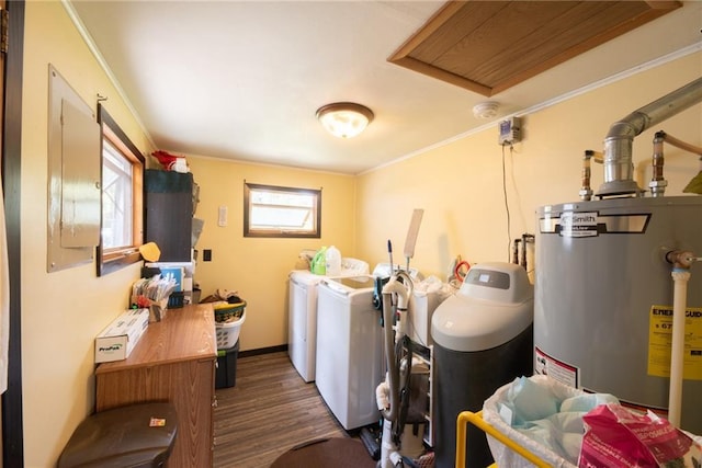 4620W Sweitzer Rd, Winter, WI 54896 - laundry area with separate washer and dryer, gas water heater, wood finished floors, and ornamental molding