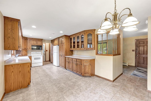 2044 E Vista Cir, De Pere, WI 54115 - kitchen with white appliances, brown cabinetry, a chandelier, baseboards, and light countertops