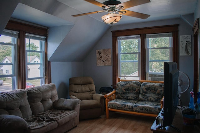 202 Wisconsin St, Mauston, WI 53948 - living room with plenty of natural light, wood finished floors, lofted ceiling, and a ceiling fan