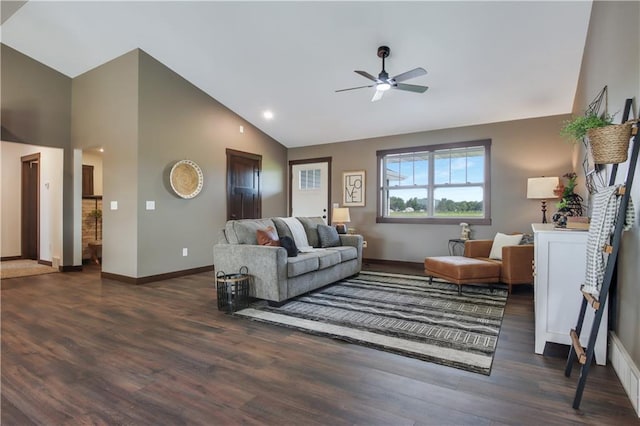 3557 114th St, Chippewa Falls, WI 54729 - living room featuring a ceiling fan, wood finished floors, baseboards, high vaulted ceiling, and recessed lighting