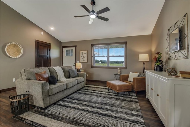 3557 114th St, Chippewa Falls, WI 54729 - living room with vaulted ceiling, dark wood-style flooring, a ceiling fan, baseboards, and recessed lighting