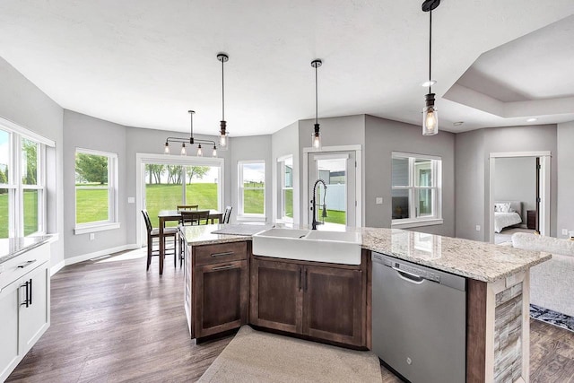 441 Longwood Ln, Wrightstown, WI 54180 - kitchen with stainless steel dishwasher, a sink, light wood-style floors, dark brown cabinets, and decorative light fixtures