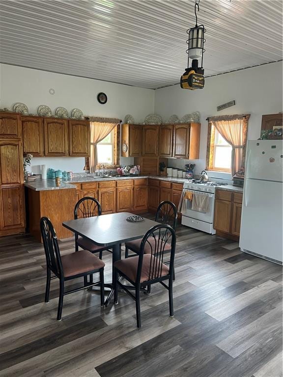 14518 State Highway 73, Lublin, WI 54447 - kitchen with white appliances, brown cabinetry, light countertops, and dark wood finished floors