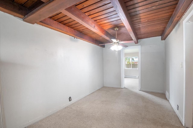 745 Carver Ln, Menasha, WI 54952 - spare room featuring wooden ceiling with exposed beams, a ceiling fan, light carpet, a baseboard heating unit, and baseboards