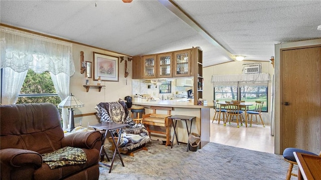207 State Rd 25, Wheeler, WI 54772 - living room with a textured ceiling, a wall mounted air conditioner, and lofted ceiling