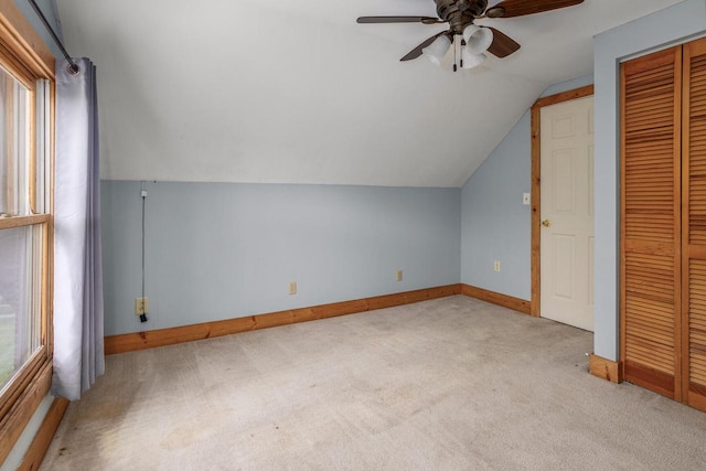 11934 187th Ave, Bristol, WI 53104 - additional living space featuring carpet, lofted ceiling, a ceiling fan, and baseboards