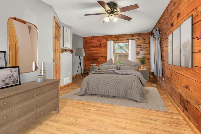 11934 187th Ave, Bristol, WI 53104 - bedroom featuring light wood-style floors, wooden walls, ceiling fan, and baseboards