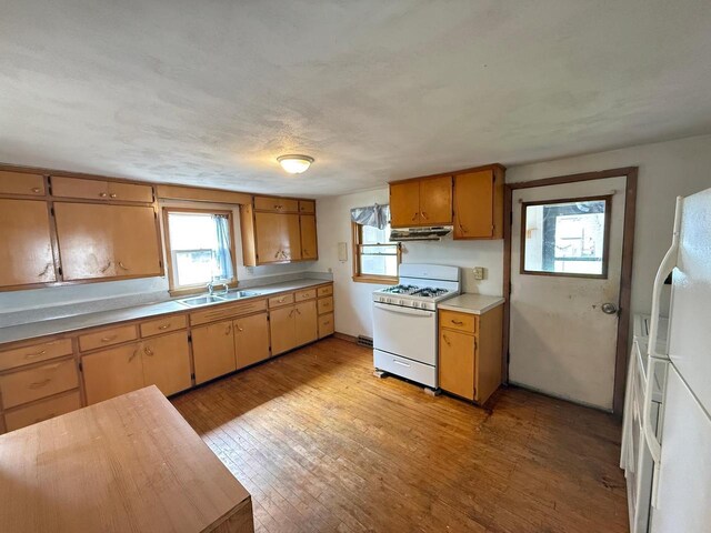 312 W 4th St, Marshfield, WI 54449 - kitchen featuring white appliances, under cabinet range hood, a sink, light wood-style flooring, and light countertops