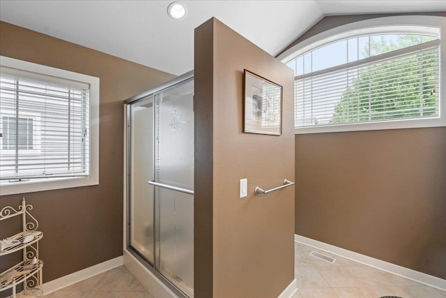 1814 Masters Ln, Madison, WI 53719 - full bath featuring a shower stall, tile patterned flooring, baseboards, and lofted ceiling