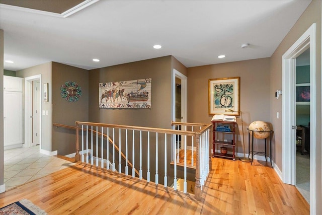 1814 Masters Ln, Madison, WI 53719 - hallway featuring an upstairs landing, baseboards, light wood-style floors, and recessed lighting