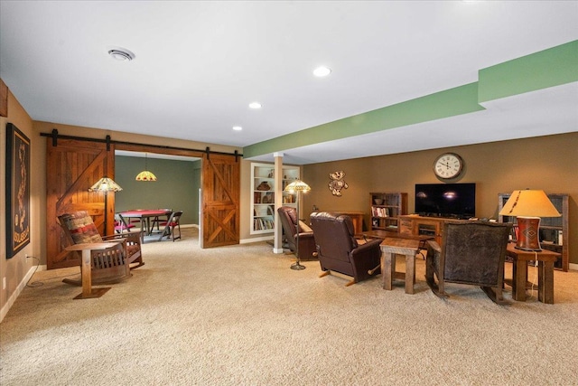1814 Masters Ln, Madison, WI 53719 - living area with a barn door, carpet floors, baseboards, and recessed lighting