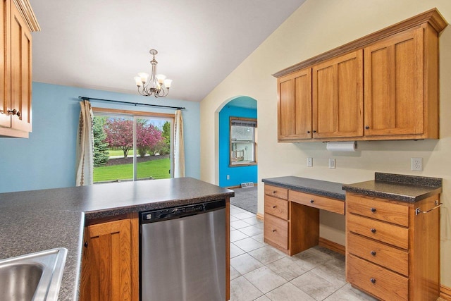 1126 Princess Dove Cir, De Pere, WI 54115 - kitchen with dishwasher, dark countertops, a chandelier, brown cabinets, and arched walkways