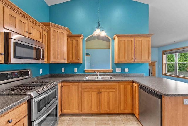 1126 Princess Dove Cir, De Pere, WI 54115 - kitchen with appliances with stainless steel finishes, a sink, dark countertops, a peninsula, and hanging light fixtures