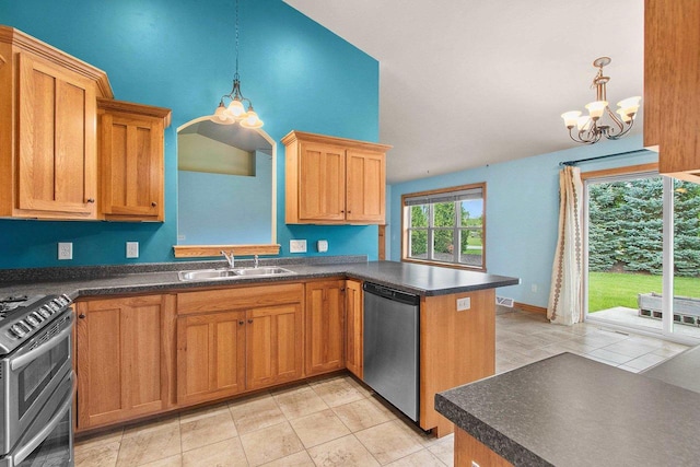 1126 Princess Dove Cir, De Pere, WI 54115 - kitchen with appliances with stainless steel finishes, a sink, a chandelier, dark countertops, and pendant lighting