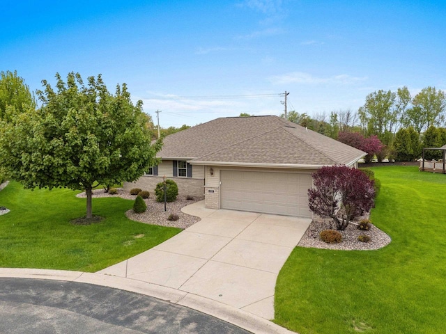 1126 Princess Dove Cir, De Pere, WI 54115 - ranch-style home with a garage, driveway, a front yard, brick siding, and a shingled roof